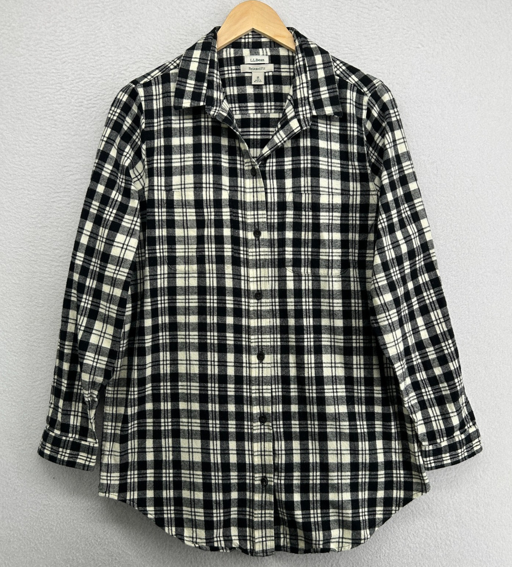 LL BEAN Flannel Womens M Scotch Plaid Shirt Tunic Top Relaxed Button Up Black
